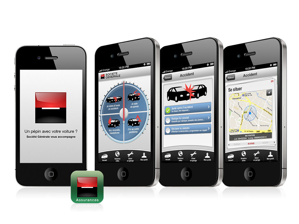Sogessur Assistance Assurance  sur iPhone - Application Concue et réalisée pour la Société Générale / Ergo & Design  - Design by Kermitklein.com | Tapptic Group - DA Mobile Freelance